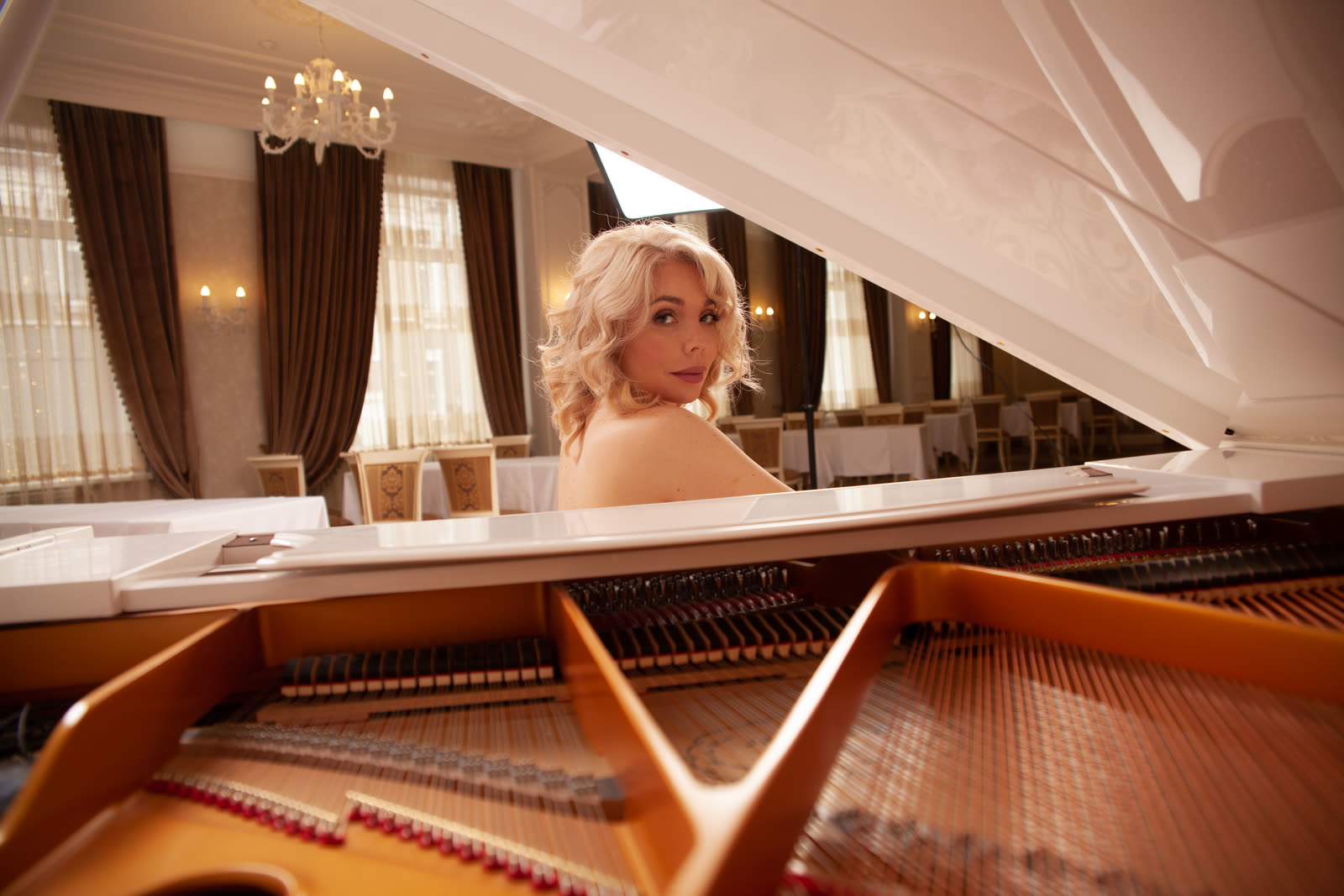 The strings and soundboard of a grand piano
